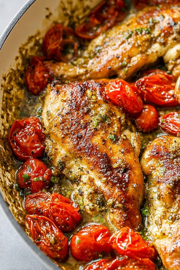 Creamy Pesto Chicken with Roasted Tomatoes