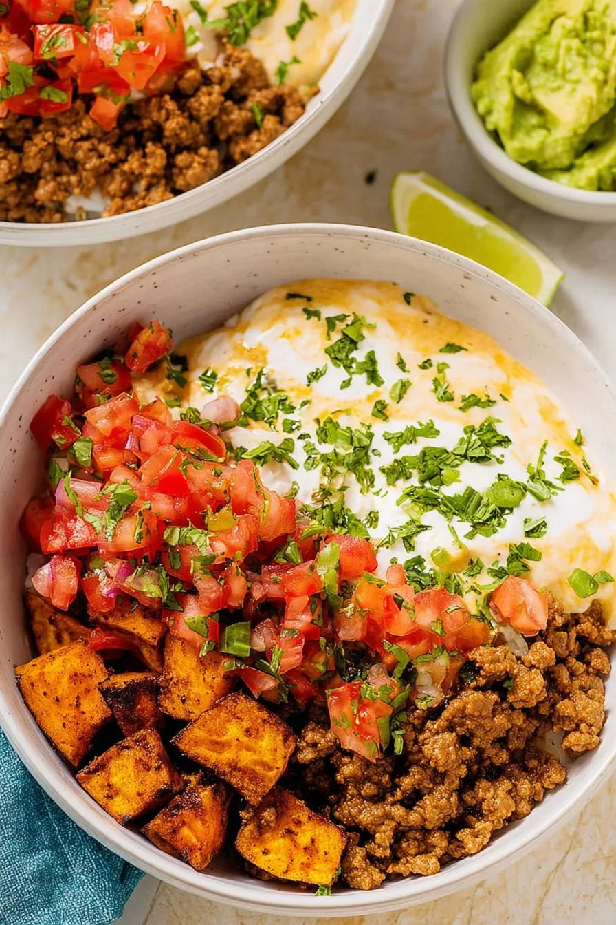 Southwest Ground Beef Bowl with Cottage Cheese Queso