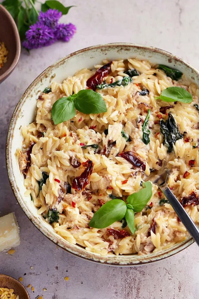 Spinach and Sun-Dried Tomato Boursin Orzo Bake