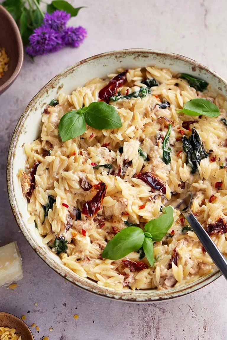 Spinach and Sun-Dried Tomato Boursin Orzo Bake