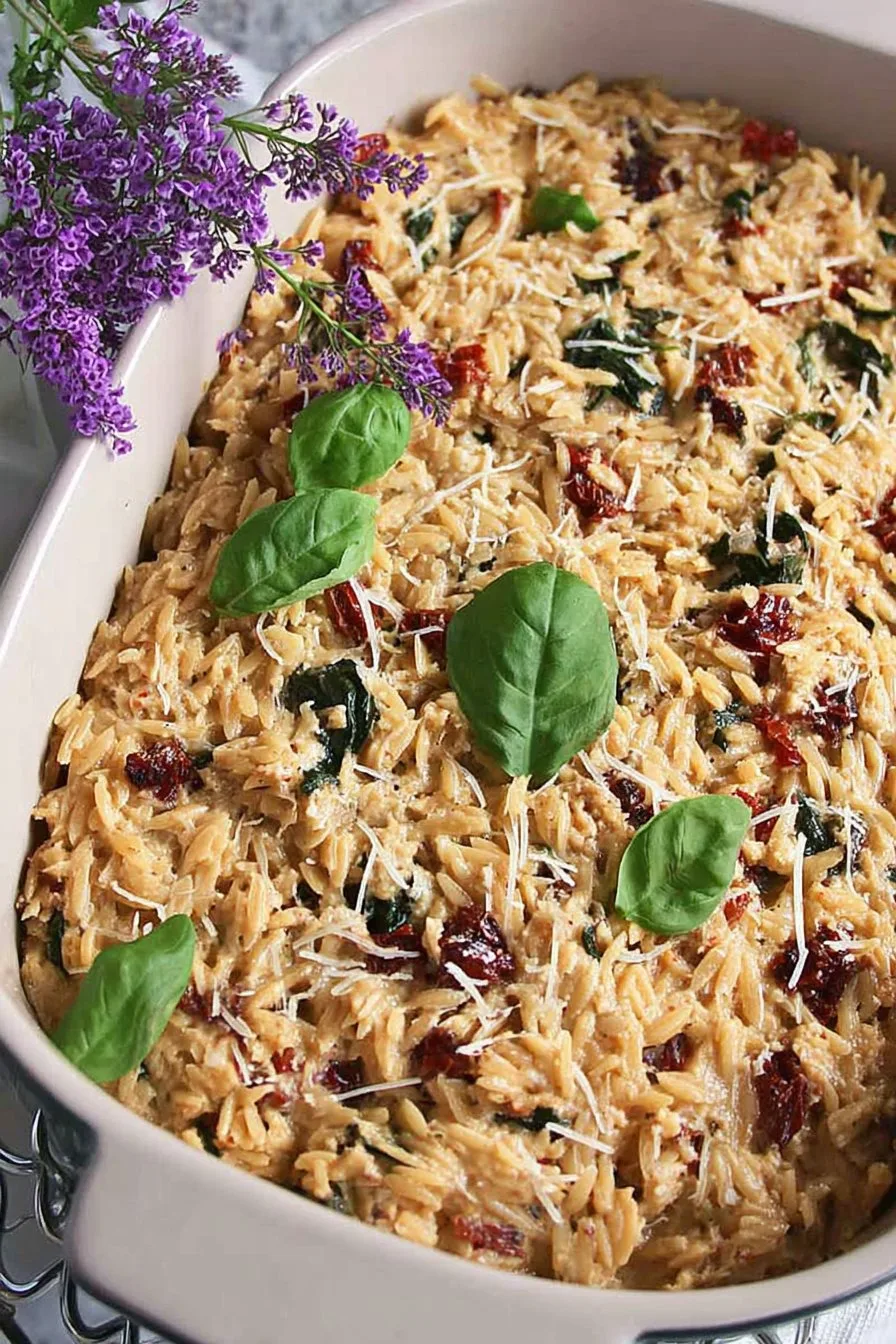 Spinach and Sun-Dried Tomato Boursin Orzo Bake