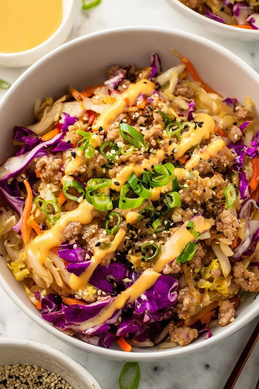 Egg Roll in a Bowl with Creamy Chili Sauce