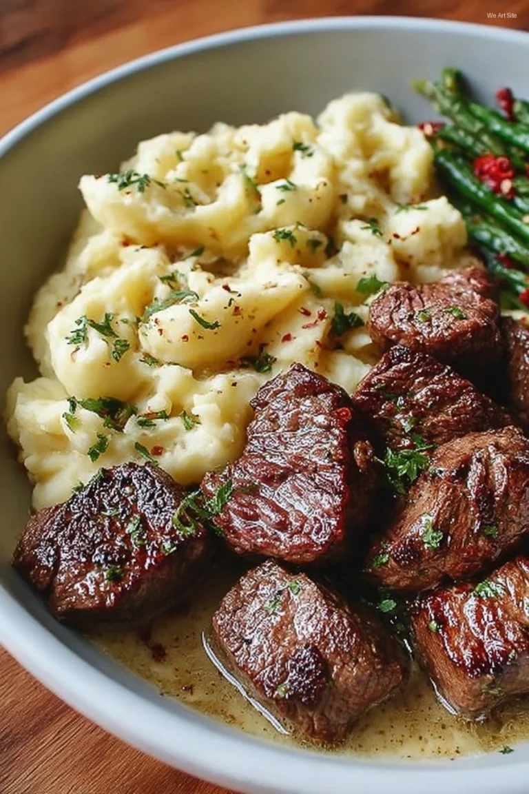 garlic steak bites with mashed potatoes