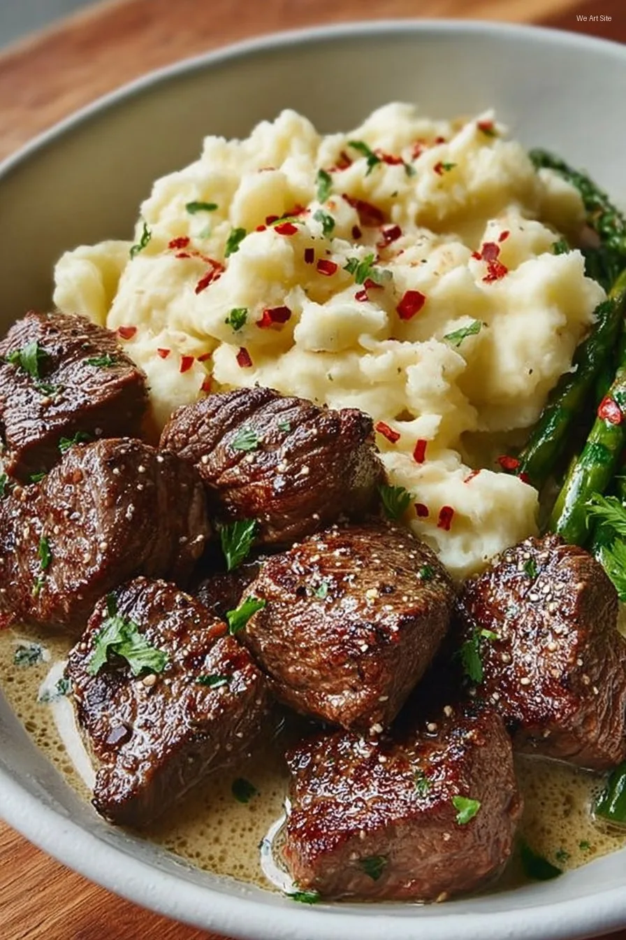 garlic steak bites with mashed potatoes
