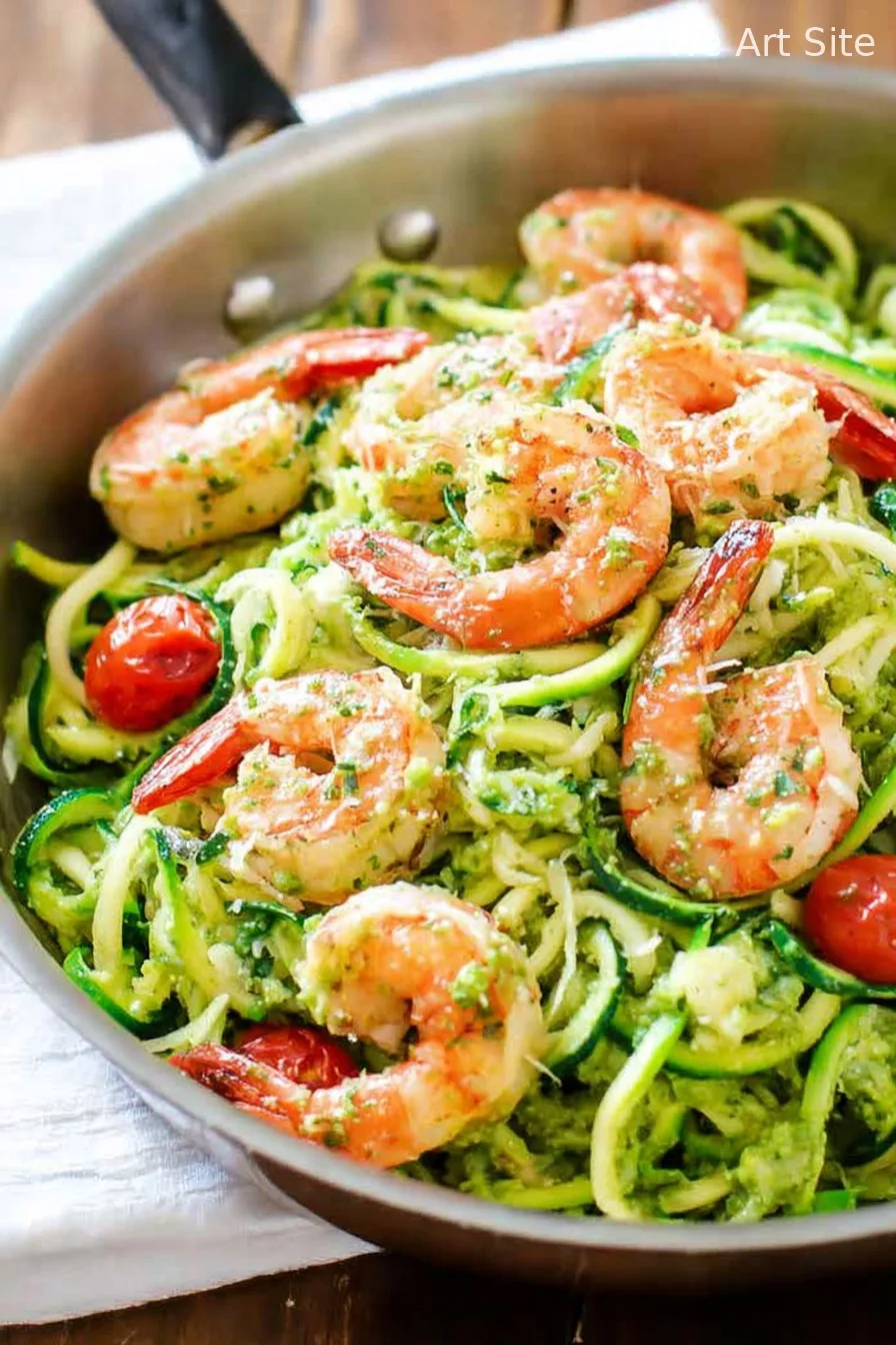 zucchini noodles with avocado pesto & shrimp