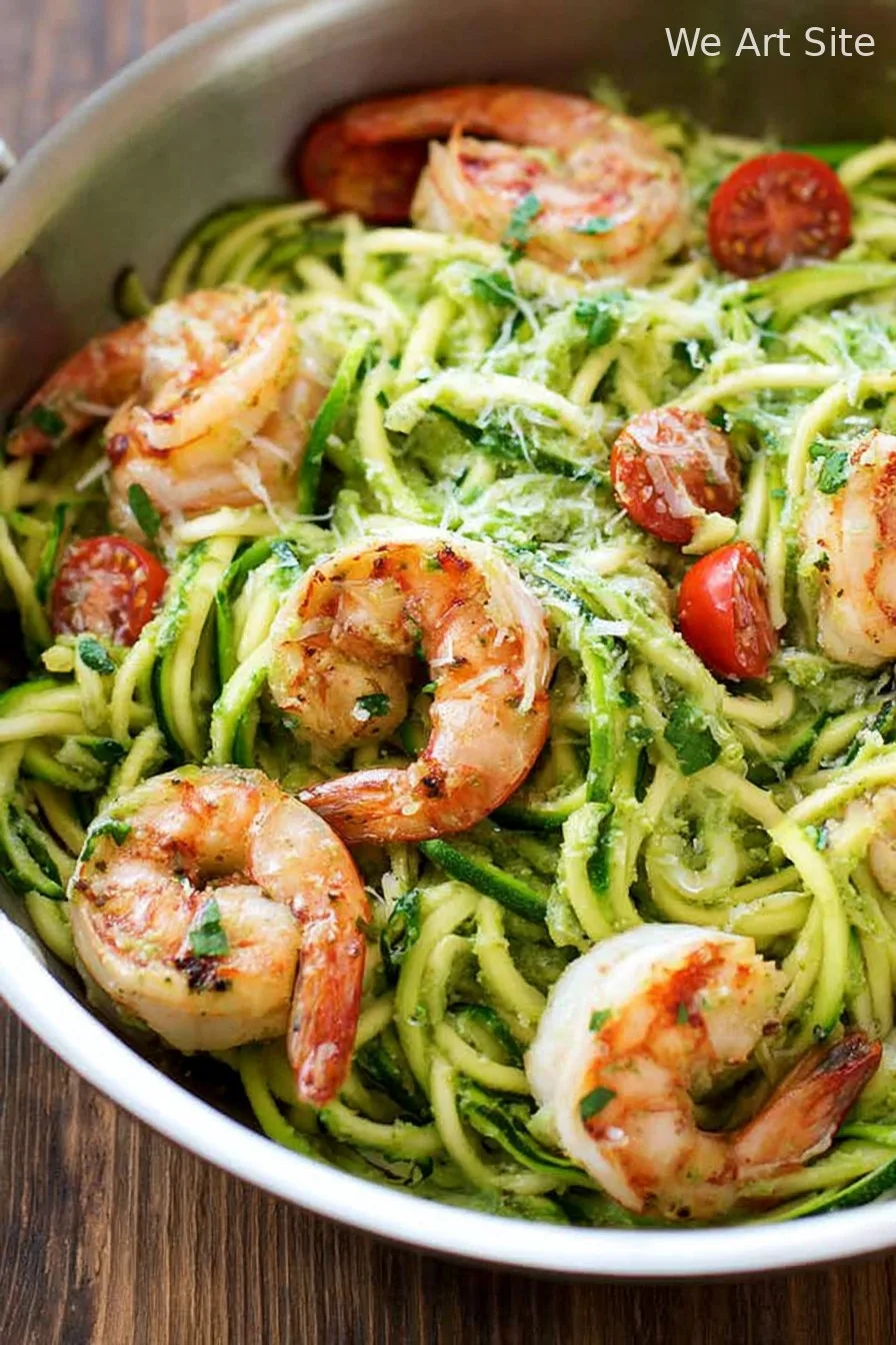 zucchini noodles with avocado pesto & shrimp