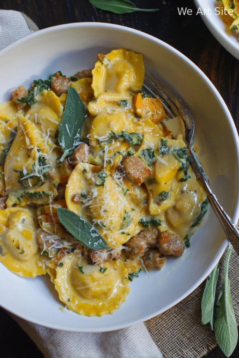 Creamy Butternut Squash Ravioli with Sausage and Kale