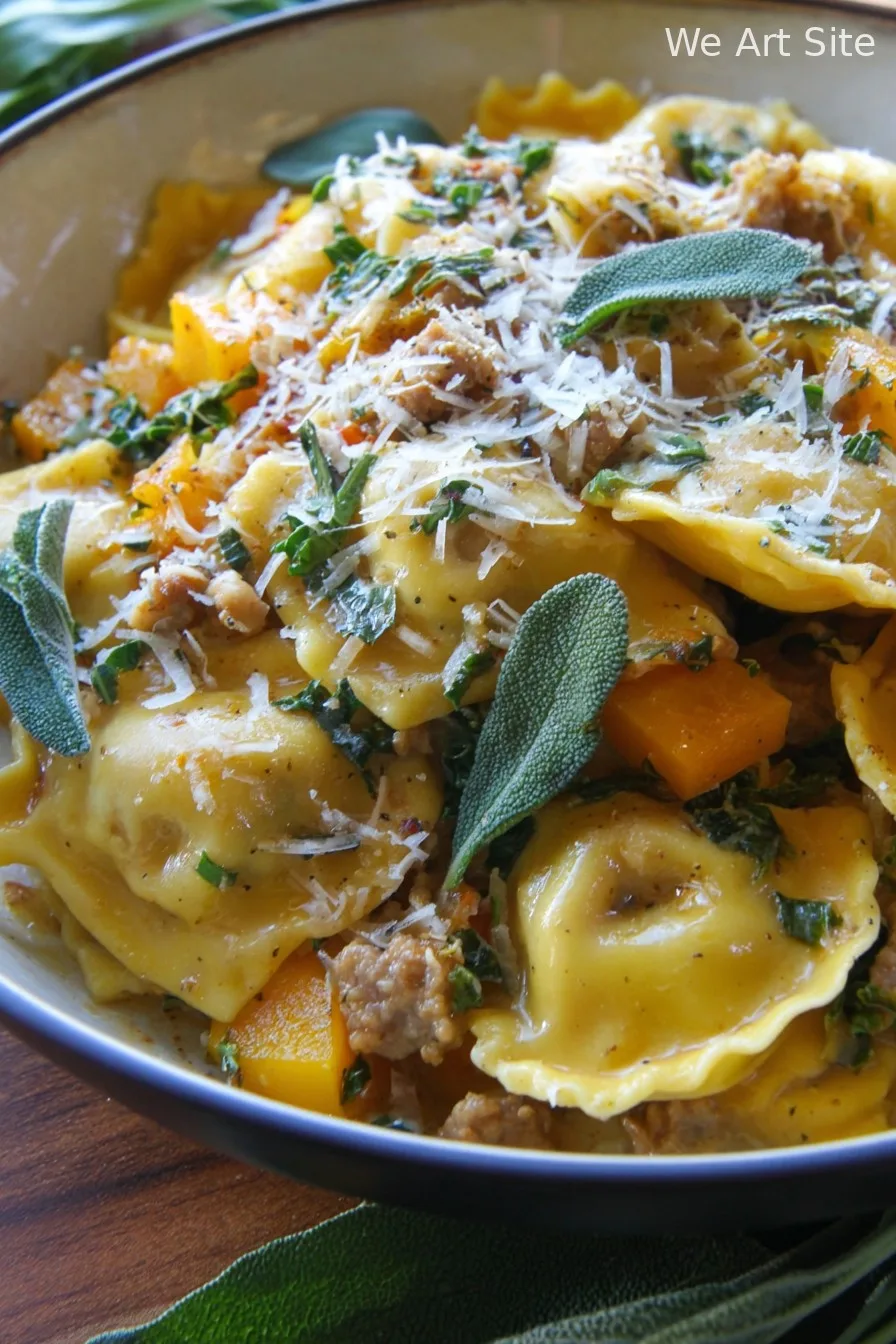 Creamy Butternut Squash Ravioli with Sausage and Kale