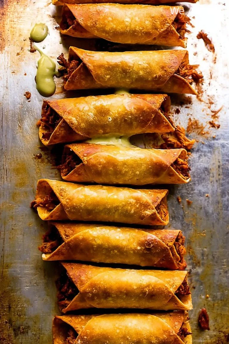 Crispy Chicken Tinga Taquitos with Salty Lime Avocado Crema.