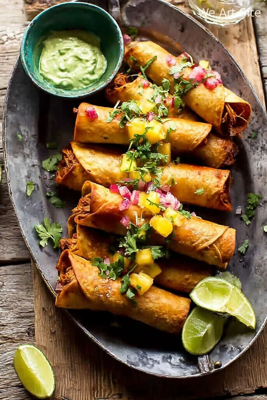 Crispy Chicken Tinga Taquitos with Salty Lime Avocado Crema.