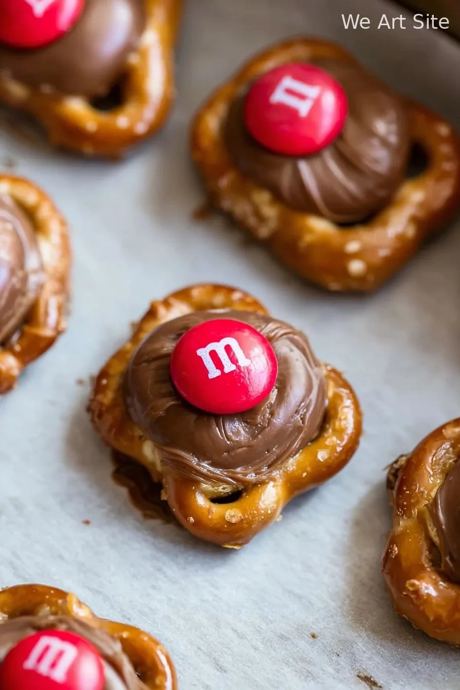 Sweet and Salty Rolo Pretzel Bites Topped with M&Ms