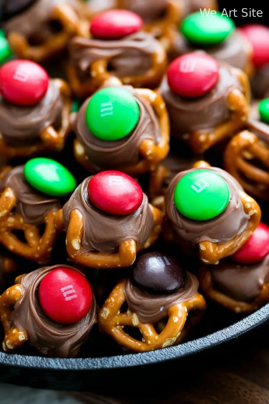 Sweet and Salty Rolo Pretzel Bites Topped with M&Ms