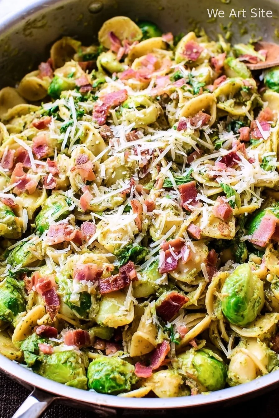 Brussels Sprouts and Bacon Pesto Pasta
