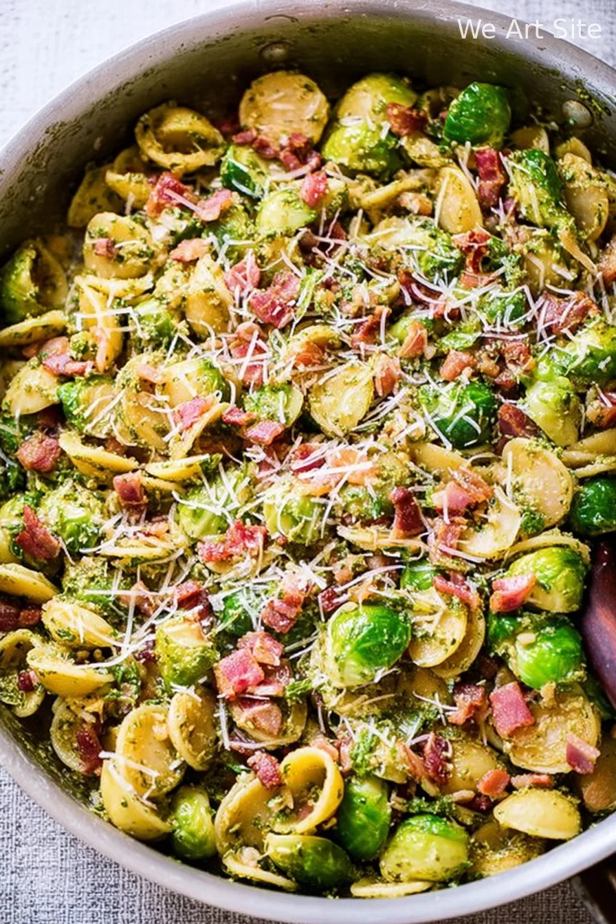 Brussels Sprouts and Bacon Pesto Pasta