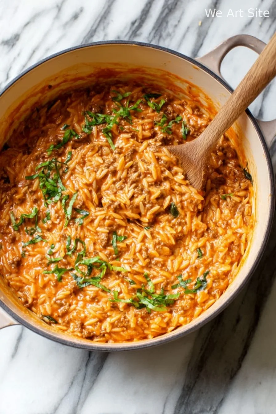 Ground Beef Orzo with Tomato Cream Sauce