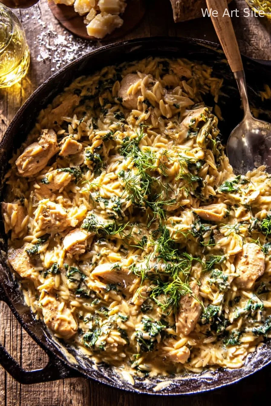 25 Minute Spinach and Artichoke Chicken Orzo