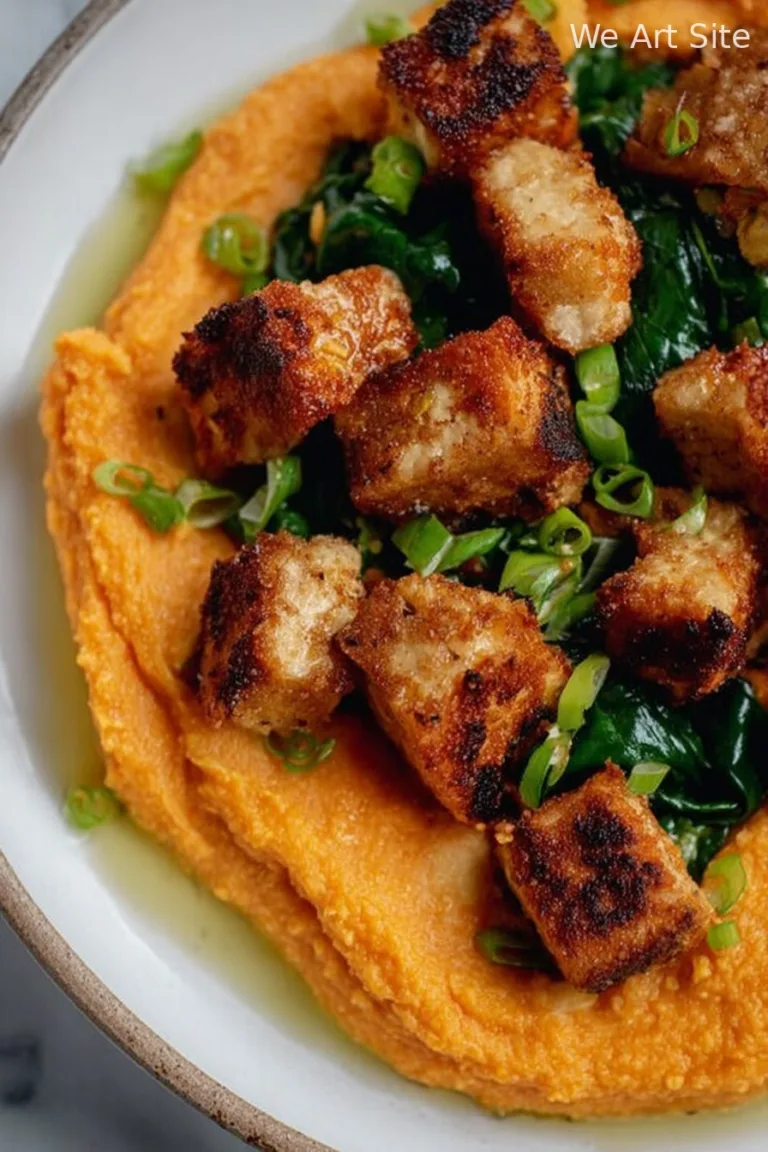 Maple Miso Whipped Sweet Potatoes with Cornmeal Crusted Tofu
