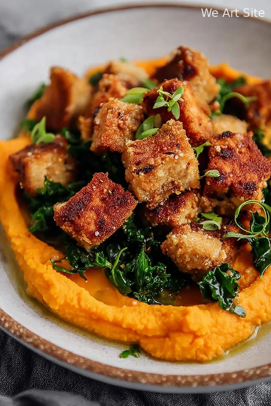 Maple Miso Whipped Sweet Potatoes with Cornmeal Crusted Tofu